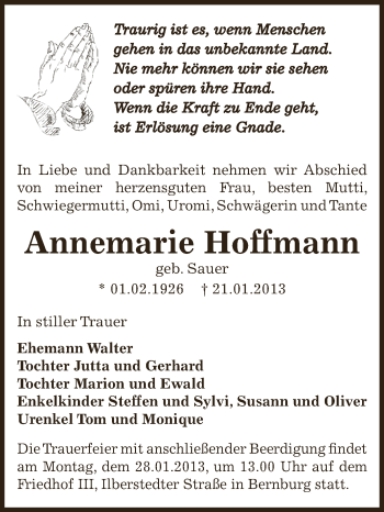Traueranzeige von Annemarie Hoffmann von Mitteldeutsche Zeitung Bernburg