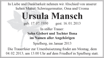 Traueranzeige von Ursula Mansch von Mitteldeutsche Zeitung Merseburg/Querfurt