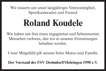 Traueranzeige von Roland Koudele von Mitteldeutsche Zeitung Aschersleben