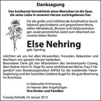 Traueranzeige von Else Nehring von Mitteldeutsche Zeitung Jessen