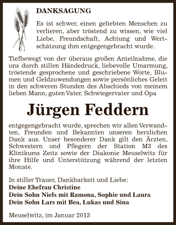 Traueranzeige von Jürgen Feddern von Mitteldeutsche Zeitung Zeitz