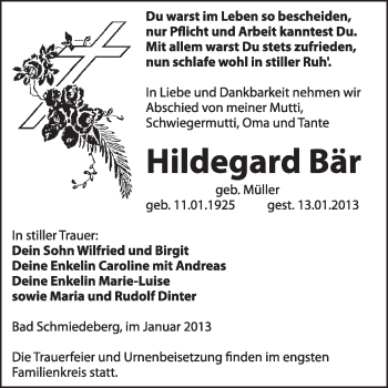 Traueranzeige von Hildegard Bär von Mitteldeutsche Zeitung Jessen