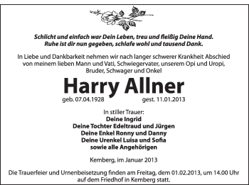 Traueranzeige von Harry Allner von Mitteldeutsche Zeitung Jessen