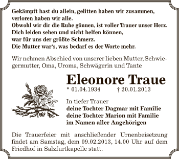 Traueranzeige von Eleonore Traue von Mitteldeutsche Zeitung Bitterfeld