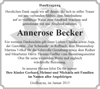 Traueranzeige von Annerose Becker von Mitteldeutsche Zeitung Merseburg/Querfurt