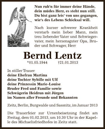 Traueranzeige von Bernd Lentz von Mitteldeutsche Zeitung Zeitz
