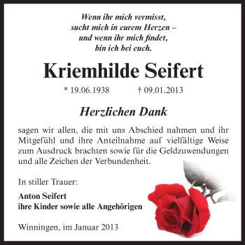 Traueranzeige von Kriemhilde Seifert von Mitteldeutsche Zeitung Aschersleben