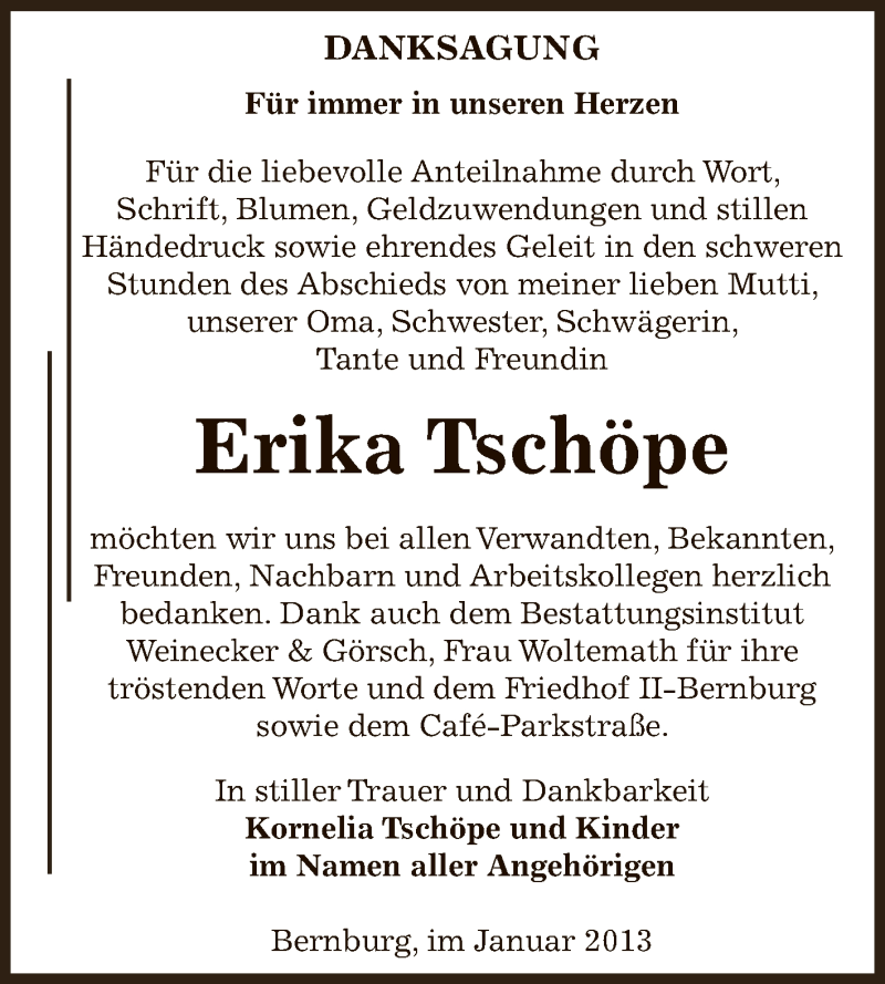  Traueranzeige für Erika Tschöpe vom 27.01.2013 aus Mitteldeutsche Zeitung Bernburg