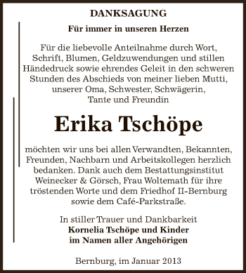 Traueranzeige von Erika Tschöpe von Mitteldeutsche Zeitung Bernburg