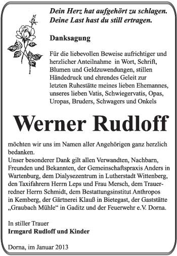 Traueranzeige von Werner Rudloff von Mitteldeutsche Zeitung Jessen