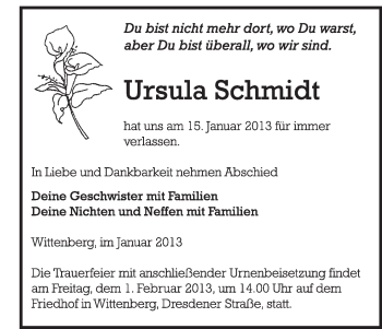 Traueranzeige von Ursula Schmidt von Mitteldeutsche Zeitung Jessen