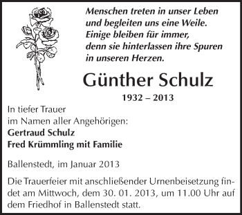 Traueranzeige von Günther Schulz von Mitteldeutsche Zeitung Quedlinburg