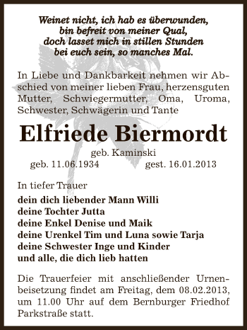 Traueranzeige von Elfriede Biermordt von Mitteldeutsche Zeitung Bernburg