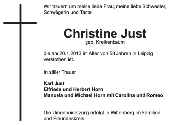 Traueranzeige von Christine Just von Mitteldeutsche Zeitung Jessen