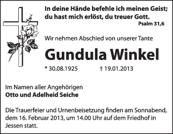 Traueranzeige von Gundula Winkel von Mitteldeutsche Zeitung Jessen