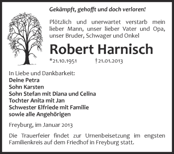 Traueranzeige von Robert Harnisch von Mitteldeutsche Zeitung Naumburg/Nebra