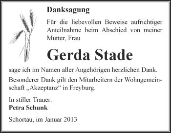 Traueranzeige von Gerda Stade von Mitteldeutsche Zeitung Weißenfels