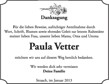 Traueranzeige von Paula Vetter von Mitteldeutsche Zeitung Jessen