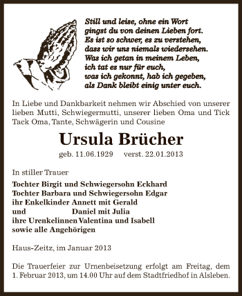 Traueranzeige von Ursula Brücher von Mitteldeutsche Zeitung Bernburg