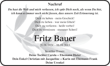 Traueranzeige von Fritz Bauer von Mitteldeutsche Zeitung Naumburg/Nebra