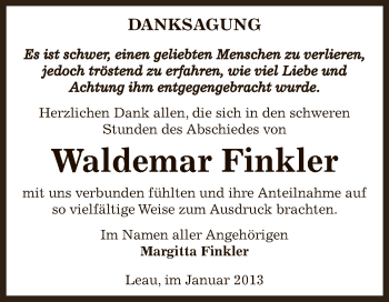 Traueranzeige von Waldemar Finkler von Mitteldeutsche Zeitung Bernburg
