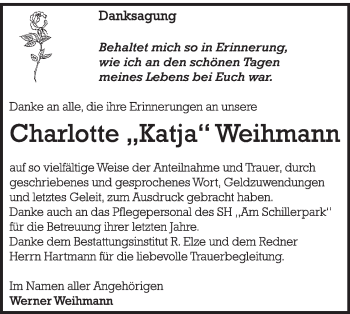 Traueranzeige von Charlotte Weihmann von Mitteldeutsche Zeitung Dessau-Roßlau