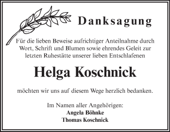 Traueranzeige von Helga Koschnick von Mitteldeutsche Zeitung Aschersleben