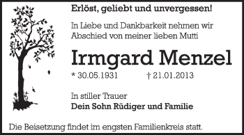Traueranzeige von Irmgard Menzel von Mitteldeutsche Zeitung Dessau-Roßlau