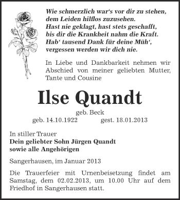 Traueranzeige von Ilse Quandt von Mitteldeutsche Zeitung Sangerhausen