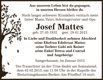 Traueranzeige von Josef Mattes von Mitteldeutsche Zeitung Sangerhausen