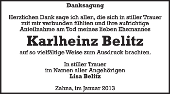 Traueranzeige von Karlheinz Belitz von Mitteldeutsche Zeitung Jessen