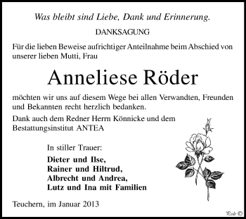 Traueranzeige von Anneliese Röder von Mitteldeutsche Zeitung Weißenfels