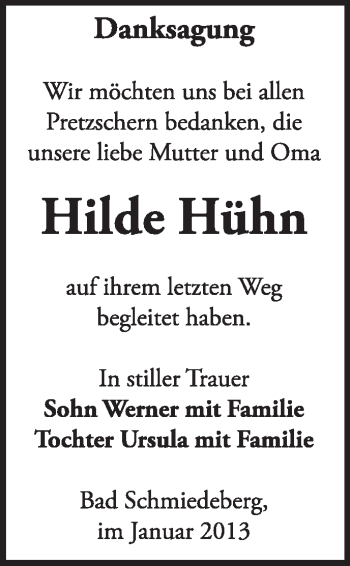 Traueranzeige von Hilde Hühn von Mitteldeutsche Zeitung Jessen