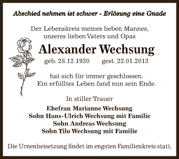 Traueranzeige von Alexander Wechsung von Mitteldeutsche Zeitung Bernburg
