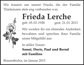 Traueranzeige von Frieda Lerche von Mitteldeutsche Zeitung Merseburg/Querfurt