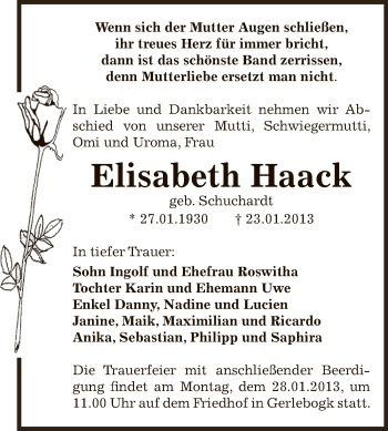 Traueranzeige von Elisabeth Haack von Mitteldeutsche Zeitung Bernburg