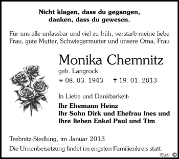 Traueranzeige von Monika Chemnitz von Mitteldeutsche Zeitung Weißenfels