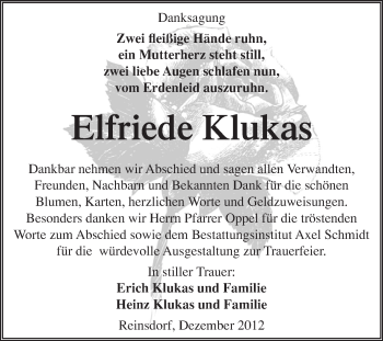 Traueranzeige von Elfriede Klukas von Mitteldeutsche Zeitung Naumburg/Nebra