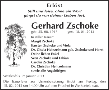 Traueranzeige von Gerhard Zschoke von Mitteldeutsche Zeitung Weißenfels