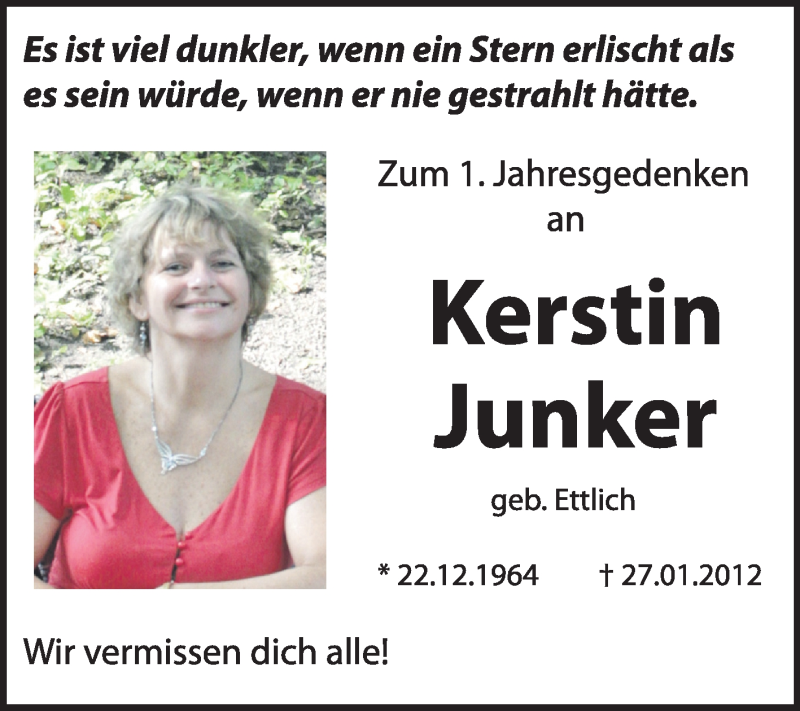  Traueranzeige für Kerstin Junker vom 27.01.2013 aus Mitteldeutsche Zeitung Jessen