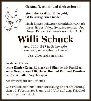 Traueranzeige von Willi Schuck von Mitteldeutsche Zeitung Zeitz