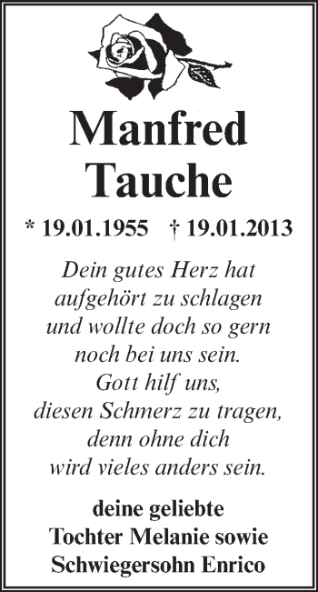 Traueranzeige von Manfred Tauche von Mitteldeutsche Zeitung Aschersleben