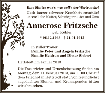 Traueranzeige von Annerose Fritzsche von Mitteldeutsche Zeitung Mansfelder Land