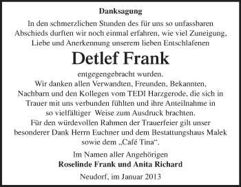 Traueranzeige von Detlef Frank von Mitteldeutsche Zeitung Quedlinburg