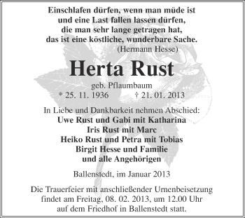 Traueranzeige von Herta Rust von Mitteldeutsche Zeitung Quedlinburg