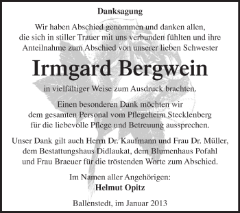 Traueranzeige von Irmgard Bergwein von Mitteldeutsche Zeitung Quedlinburg