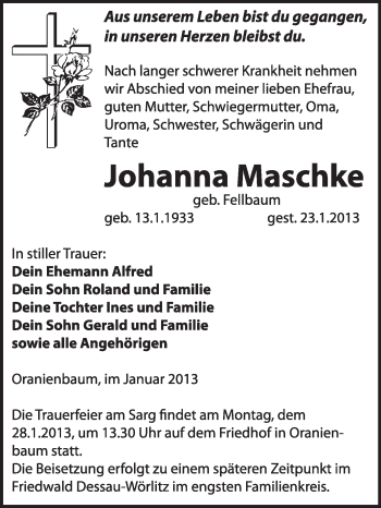 Traueranzeige von Johanna Maschke von Mitteldeutsche Zeitung Jessen