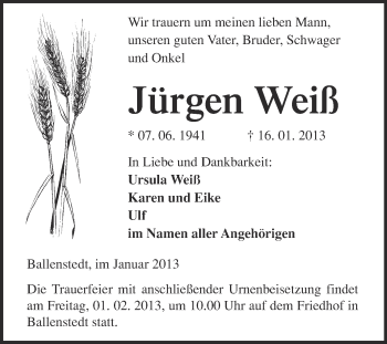 Traueranzeige von Jürgen Weiß von Mitteldeutsche Zeitung Quedlinburg