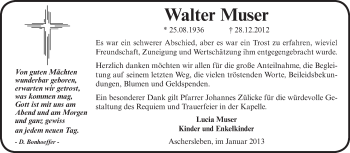 Traueranzeige von Walter Muser von Mitteldeutsche Zeitung Aschersleben