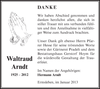 Traueranzeige von Waltraud Arndt von Mitteldeutsche Zeitung Quedlinburg